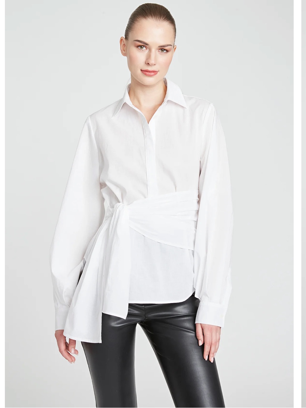 Amur Leo Poplin Tie Top - White Long Sleeve Blouse Shirt - Medium